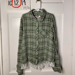 Girl’s Justice Green Plaid and Lace Button Down